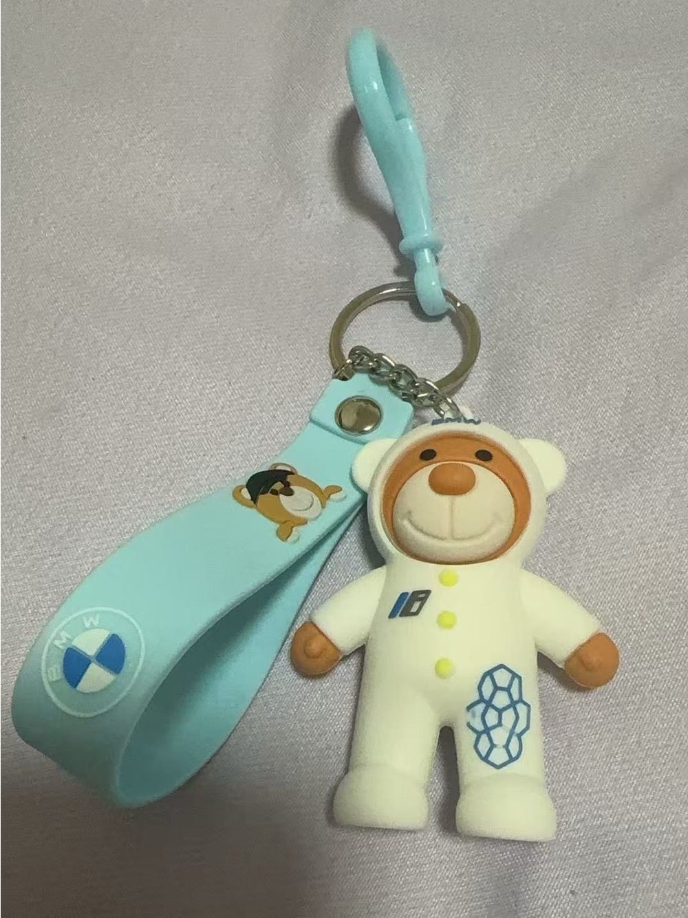 BMW Light Blue Silicone Strap Keychain with White Bear Charm